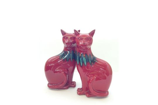 A Pair Of Poole Pottery Red Delphis Vogue Cats In A Sprayed And Painted