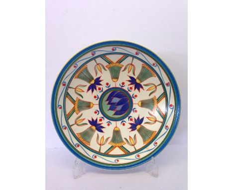 A large Poole Studio dish, in a stylised Flower Head pattern, designed by Karen Brown and decorated by Nikki Massarella (14")