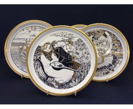 A Poole Pottery Camelot plate 'Excalibur' with glaze colour trials to reverse together with three others, originally designed