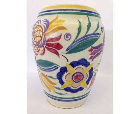 A Poole Pottery vase, shape 878, decorated in the GI pattern by Rene Hayes (hairline to rim and some crazing), (8").