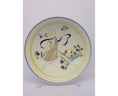 A modern Poole Studio flared dish from the original design of the Leipzig Girl by Olive Bourne, painted by Sue Pottinger 1998