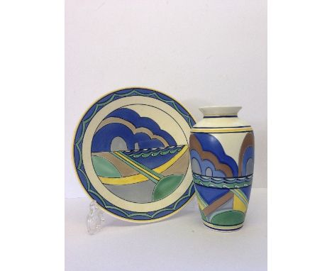 A Poole Studio dish, in the Old Harry pattern, designed by Karen Brown (10.5") together with a matching vase (8").