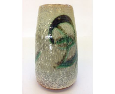 A Poole Pottery Atlantis glazed vase by Susan Dipple, decorated in tones of green and grey with stylised lettering.