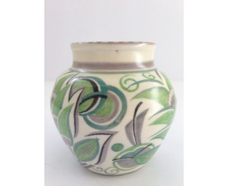 A Poole Pottery vase, shape 969, decorated in the GPA pattern by Margaret Atkins in tones of green and grey (4.5").