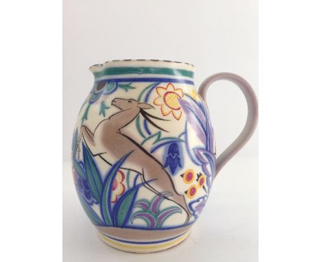 A Poole Pottery jug, decorated in the TZ pattern, decorated by Ruth Paveley in the TZ Leaping Deer pattern, decorated by Ruth