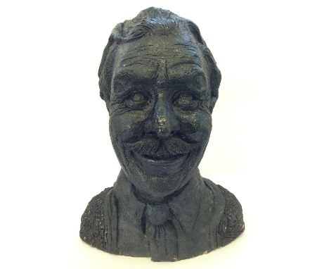 A hand thrown and sculpted portrait bust of Guy Sydenham by Lyndsey Loader, possibly a Freetime piece, impressed Poole, Engla