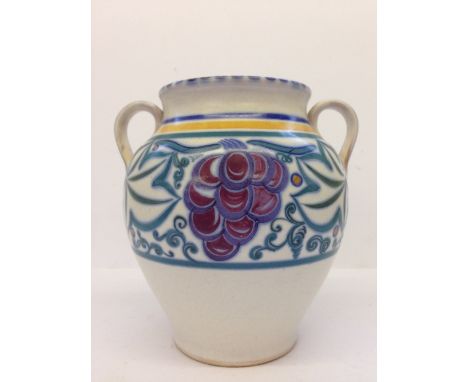 A Carter Stabler Adams Poole Pottery twin handled vase, shape 412, decorated in the TR pattern by Ruth Paveley (7.25").