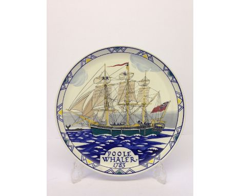 A Poole Pottery hand painted plaque, decorated with the 'Poole Whaler 1783', inscribed to reverse 'The dish was made and pain