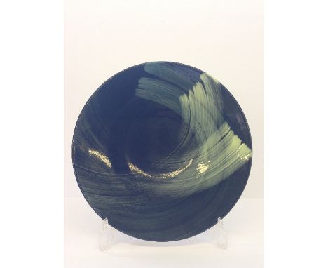 A modern Poole Studio dish, decorated in an abstract Brush Stroke pattern in tones of green and black (13.5") by Charlotte Me