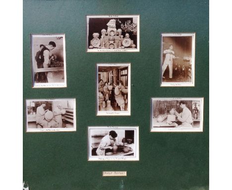 A framed and glazed collection of seven early 20th century postcards depicting workers at Poole Pottery.