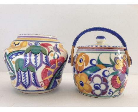 A Poole Pottery squat vase, decorated in the TY pattern by Gladys Hallett (4.5") together with a small lidded biscuit barrel,