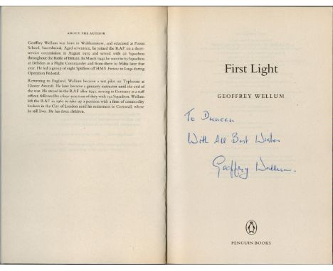 WWII Sq Ldr Geoffrey Wellum DFC signed paperback book titled First Light signature on the inside title page. Dedicated. Good 