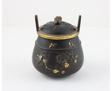 A Japanese Iron Meiji period twin handled  Koro with gilt decoration, with fruit finial perfect  condition original lid Heigh