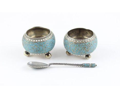 A pair of Russian silver and champleve enamel circular salts,&nbsp;Moscow c.1900-8, by Gustav Klingert, impressed with nation