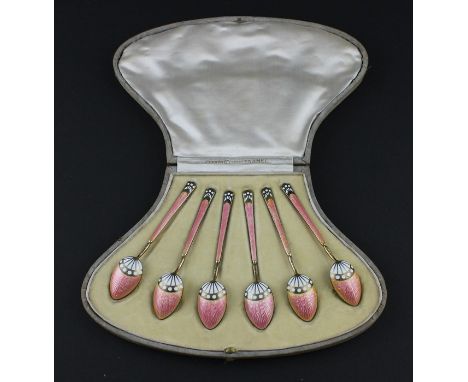 A cased set of six silver and guilloche enamel coffee spoons, sponsor's mark for Henry James Hulbert with import assay marks 