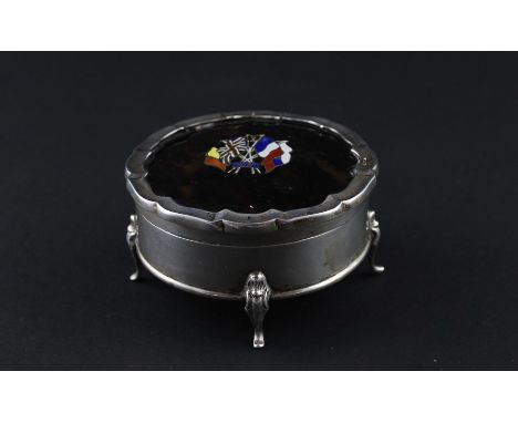 Military Interest; A WWI circular silver and tortoiseshell trinket box, by Henry Mathews, assayed Birmingham 1914, having sil