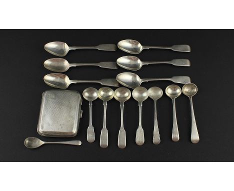 A set of six Victorian fiddle pattern silver teaspoons, by Henry Holland, assayed London 1867, together with seven silver sal