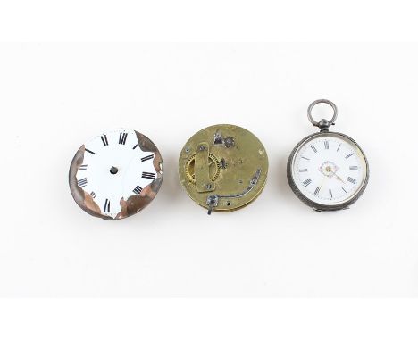 A Swiss silver pocket watch, key wind, 38mm wide case having white enamel dial with Roman numeral chapter ring and outer minu