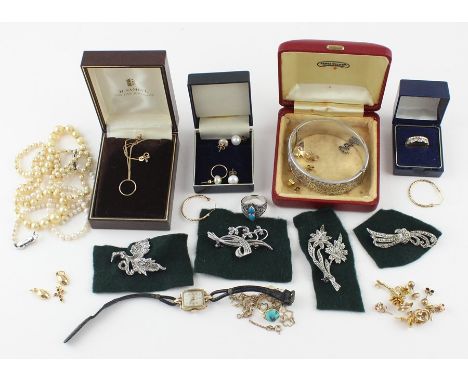 A collection of gold and costume jewellery,&nbsp;including five pairs of 9ct. gold stud earrings; a pair fashioned as open ro