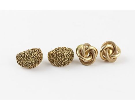 A pair of 14ct. gold earrings, fashioned as interwoven coils of polished and textured finish yellow gold, post and push-on cl
