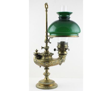 A wild and Werrel model 1373 brass Harvard type students lamp with later glass shade