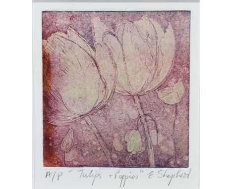 ELIZABETH SHEPHERD, TULIPS &amp; POPPIES, signed Artist Proof etching, framed under glass, 11 x 12cm.