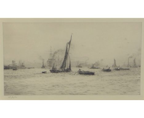 WILLIAM LIONEL WYLLIE (BRITISH, 1851-1931), BLACKWALL REACH, signed drypoint etching, framed under glass, 32 x 17cm