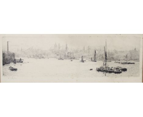 WILLIAM LIONEL WYLLIE (BRITISH, 1851-1931), untitled etched print of the Thames with St Pauls in the Distance, signed in penc