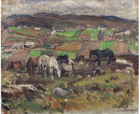 DAVID MACBETH SUTHERLAND R.S.A. (SCOTTISH 1883-1974), A COMMON GRAZING - WEST HIGHLANDS, signed oil on board, framed, inscrib
