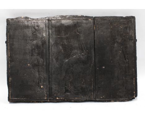 FRANCES PELLY, RSA (SCOTTISH b.1947), BATHERS, an incised ceramic triptych panel, labelled verso and with RSA ticket, 67 x 37