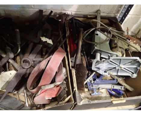 Two boxes of mixed tools to include Black &amp; Decker drill and stand. Not available for in-house P&amp;P 