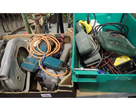 Two boxes of mixed power tools. Not available for in-house P&amp;P 