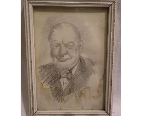 Small framed pencil sketch of Winston Churchill, indistinctly signed, 12 x 8 cm. P&amp;P Group 1 (£14+VAT for the first lot a