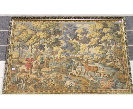 Substantial gilt framed tapestry of a Middle Ages hunting party, 164 x 116 cm. Not available for in-house P&amp;P 