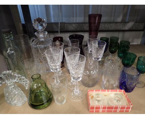 Quantity of mixed glassware including Edinburgh crystal decanter, Galway crystal glasses, ruby overlay etc. Not available for