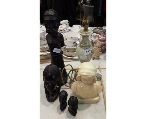 Mixed wooden figures, largest H: 30 cm, and a lamp. P&amp;P Group 2 (£18+VAT for the first lot and £3+VAT for subsequent lots