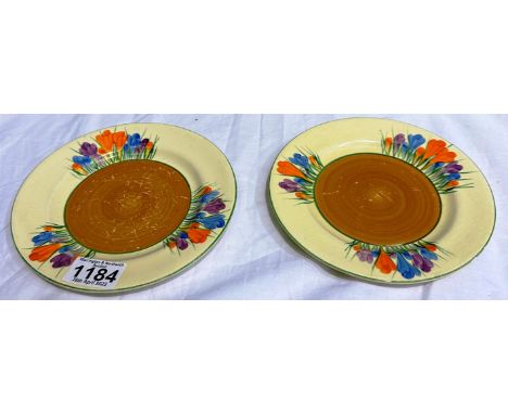 Two Clarice Cliff Bizarre Crocus plates, some with damages. P&amp;P Group 2 (£18+VAT for the first lot and £3+VAT for subsequ
