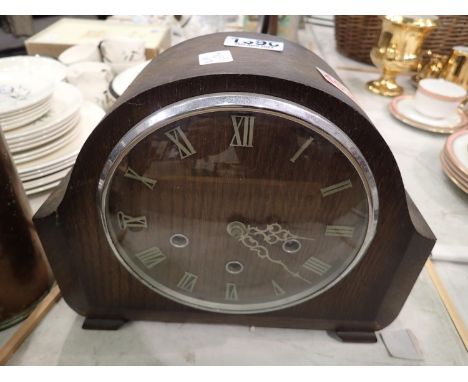 Oak cased Westminster chime mantle clock, H: 23 cm, with key and pendulum. Not available for in-house P&amp;P 