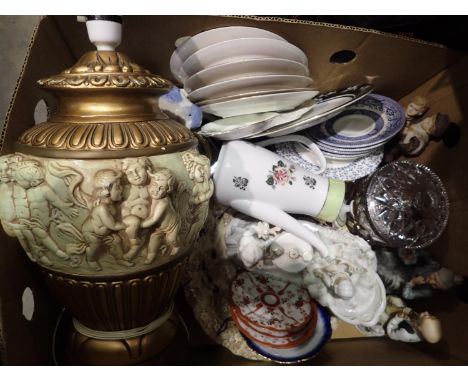 Quantity of decorative ceramics and glass to include a lamp with cherub decoration. Not available for in-house P&amp;P 
