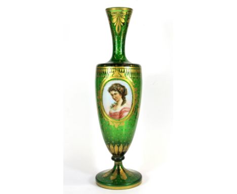 A 19th Century Bohemian green glass vase with hand painted cameo portrait and hand gilding, (A/F to stem), H. 37cm.