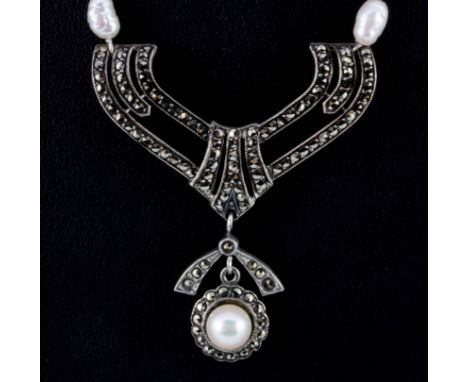 A 1920's 925 silver and marcasite pearl set necklace.