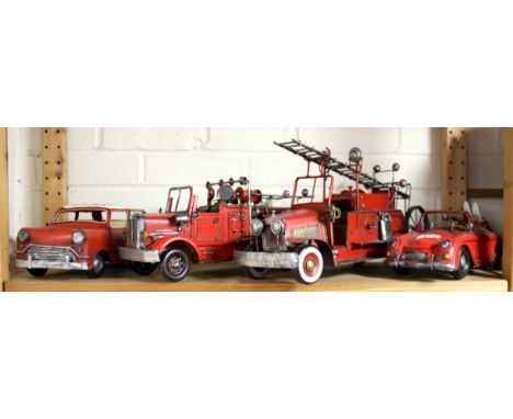 Two tin toy fire engines and two tin toy cars, fire engine L. 45cm.