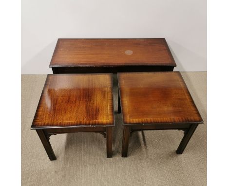 A cross banded and inlaid mahogany coffee table with two matching side tables, largest 107 x 46 x 46cm together with two inla