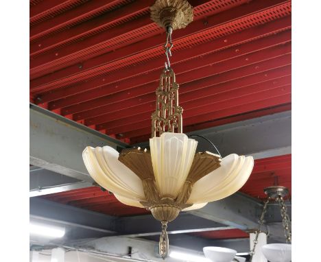 An original Art Deco metal and frosted glass ceiling light, H. 74cm, Dia. 46cm.