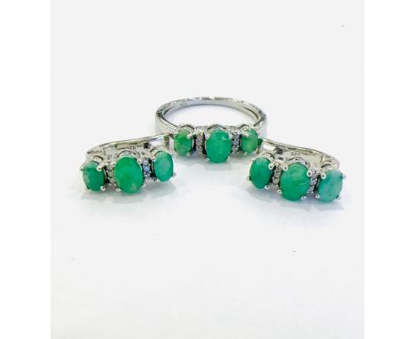 A pair of 925 silver earrings set with oval cut emeralds and white stones, L. 1.8cm with matching 925 silver emerald ring.