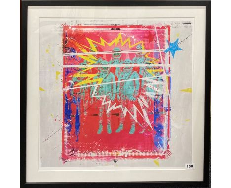 Take Albas: An interesting framed lithograph entitled 'Astronauts'. Frame size 72 x 72cm.