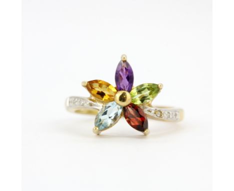 A 9ct yellow gold ring set with peridot, amethyst, blue topaz, garnet and citrine, (L.5).