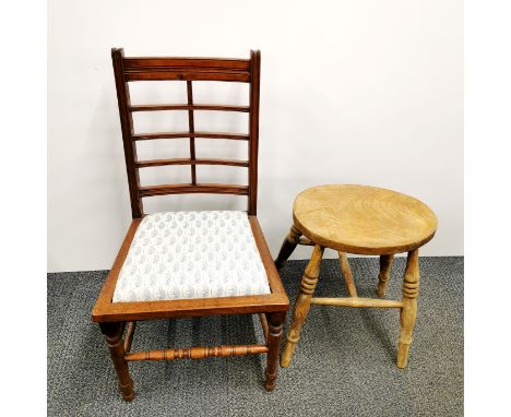 An oak hall chair with turned oak legs and a re-upholstered floral cushion, H. 80cm together with a light oak stool.