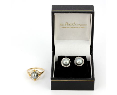 A pair of 9ct yellow gold stud earrings set with grey pearls and diamonds together with matching ring, (O).