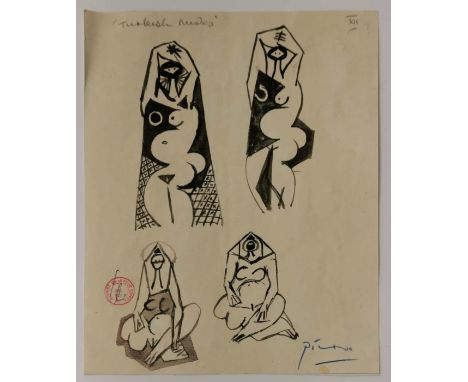 An unframed watercolour sketch of a pregnant women pencil noted 'Turkish nudes XII' signed Picasso (c. 1950-53) with Paris in